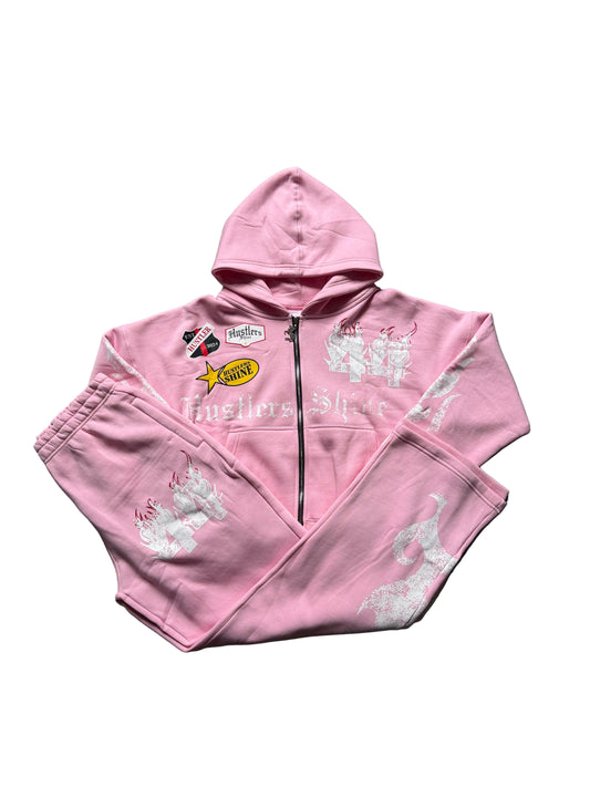 Hustlers Shine OGM Cropped  Tracksuit - Baby Pink